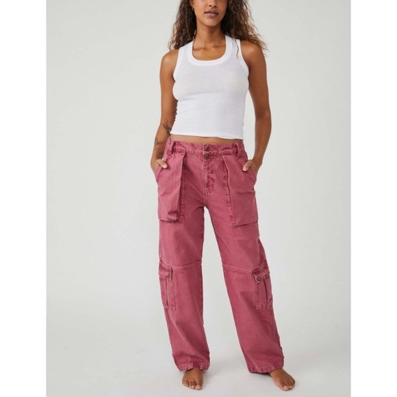 Free People Denim - NWT Free People Marx Slouchy Cargo Jeans Pants in Raspberry Red Pink